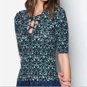 Topshop Green Floral Lace-Up Top